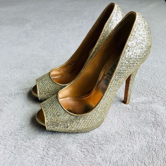 Badgley Mischka Humbie II Gold Glitter Platform Peeptoe Pumps - Picture 1 of 16